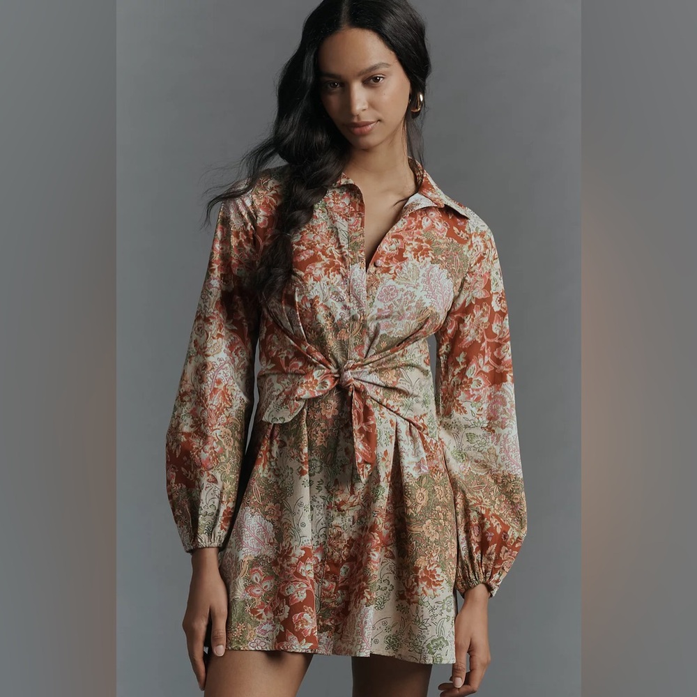 Hutch Long-Sleeve Tie-Waist Mini Shirt Dress